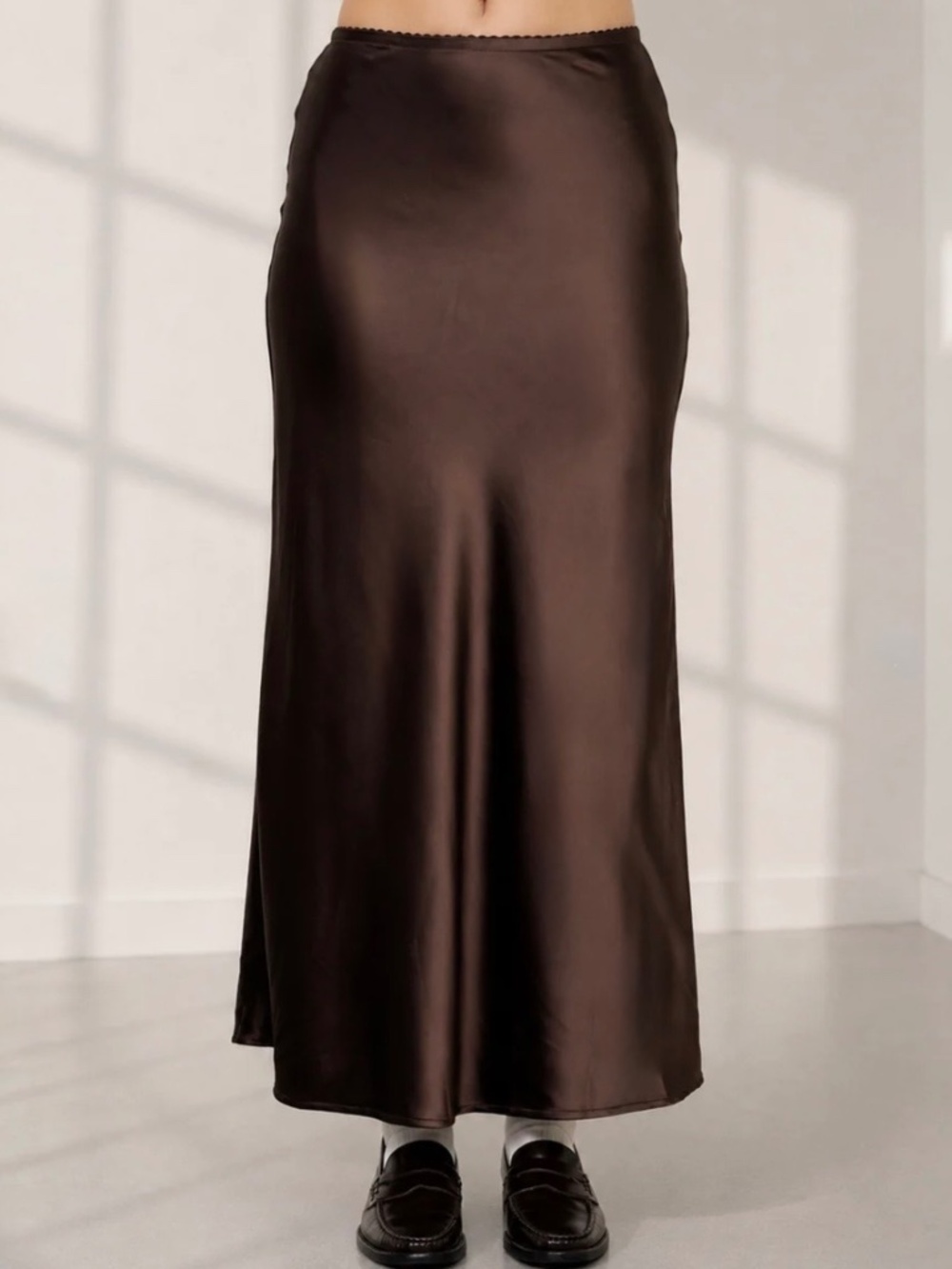 Satin Maxi Slip Skirt in Dark Chocolate Brown